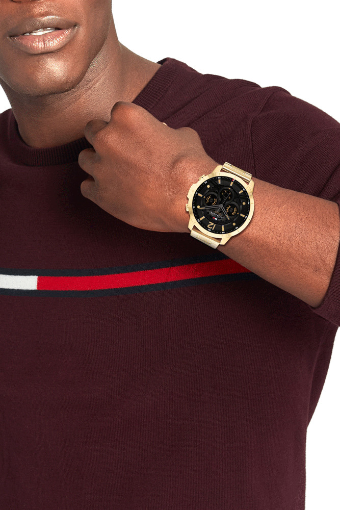 NEW TOMMY HILFIGER LUCA GOLD TONE BLACK DIAL DAY DATE MULTIFUNCTION MEN’S WATCH