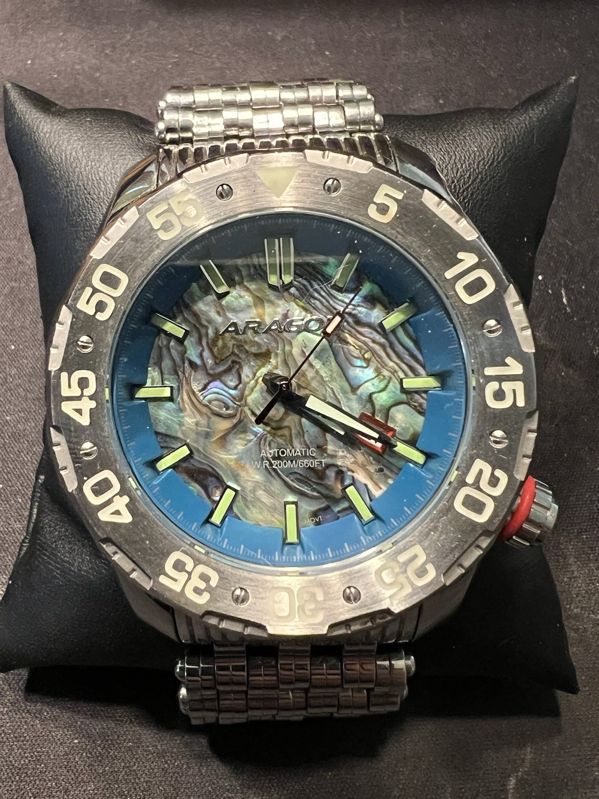 Aragon Divemaster Automatic Abalone Shell Dial 200M Diver Watch Staineless Steel