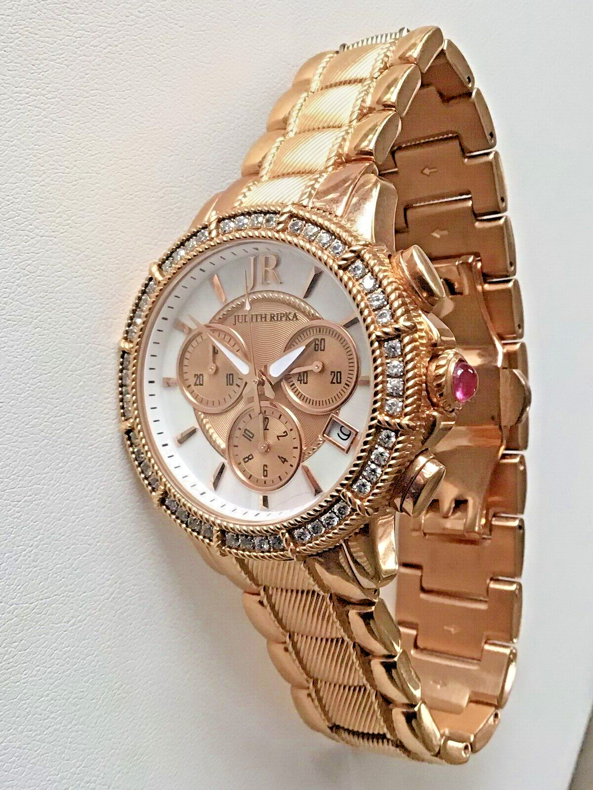 Judith Ripka Stainless Steel Chronograph Textured Watch with Diamonique rosetone