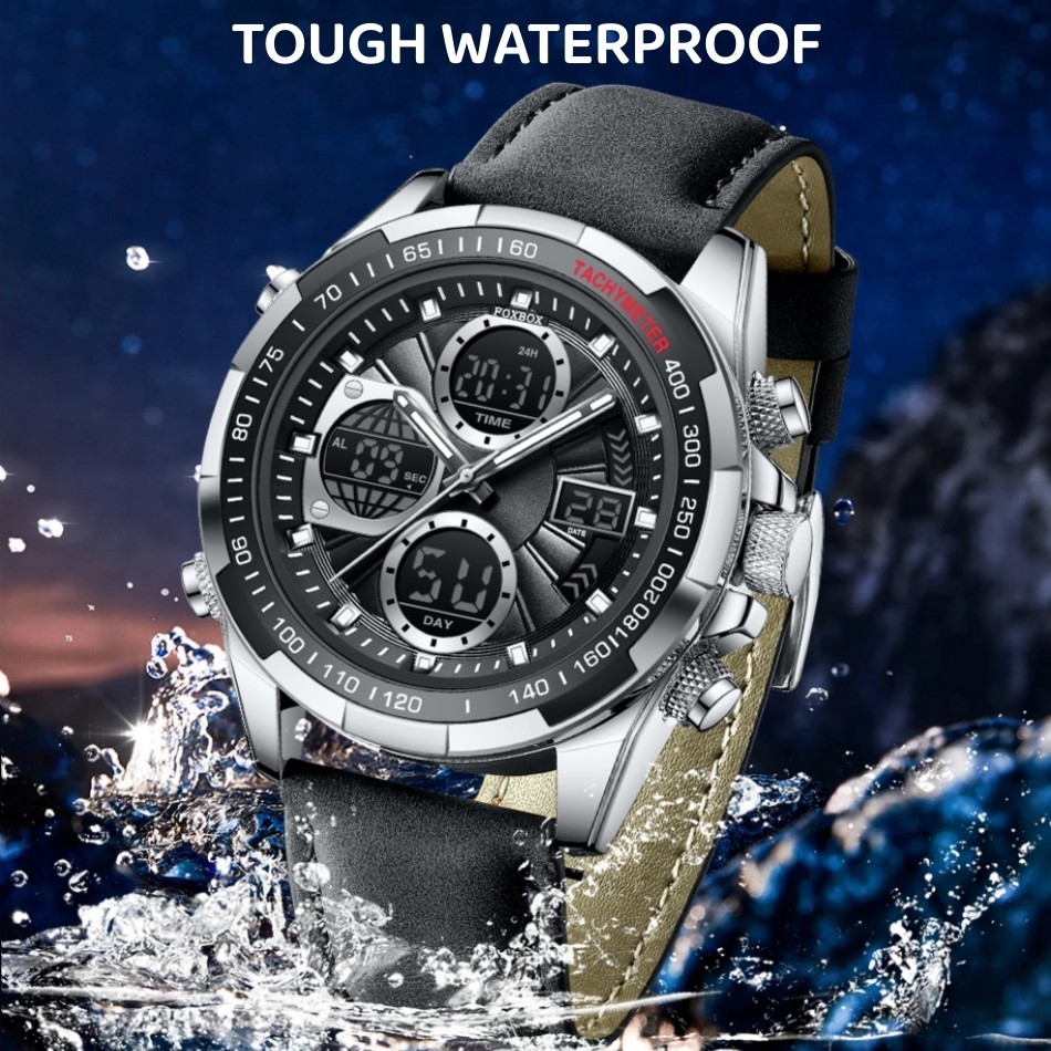 LIGE Men Watch Quartz Digital Luminous Waterproof Leather Band Man Wristwatch