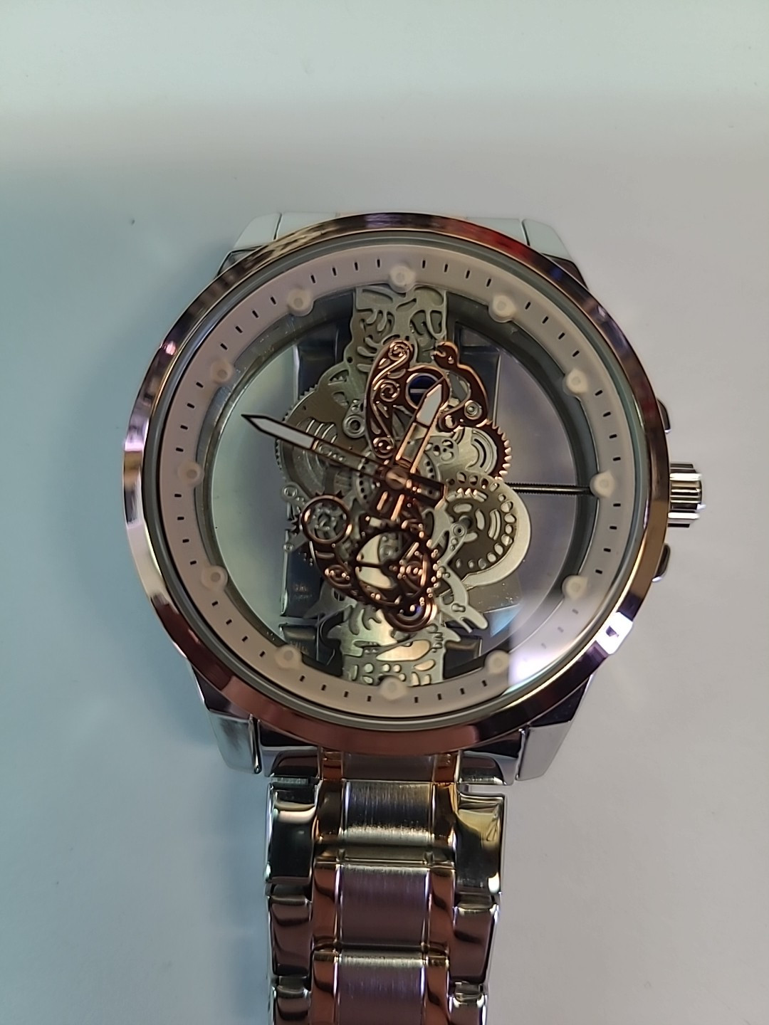 TPW Men’s Luxury Silver And Rose Gold Watch See Through With 9 1/4 Inch Band