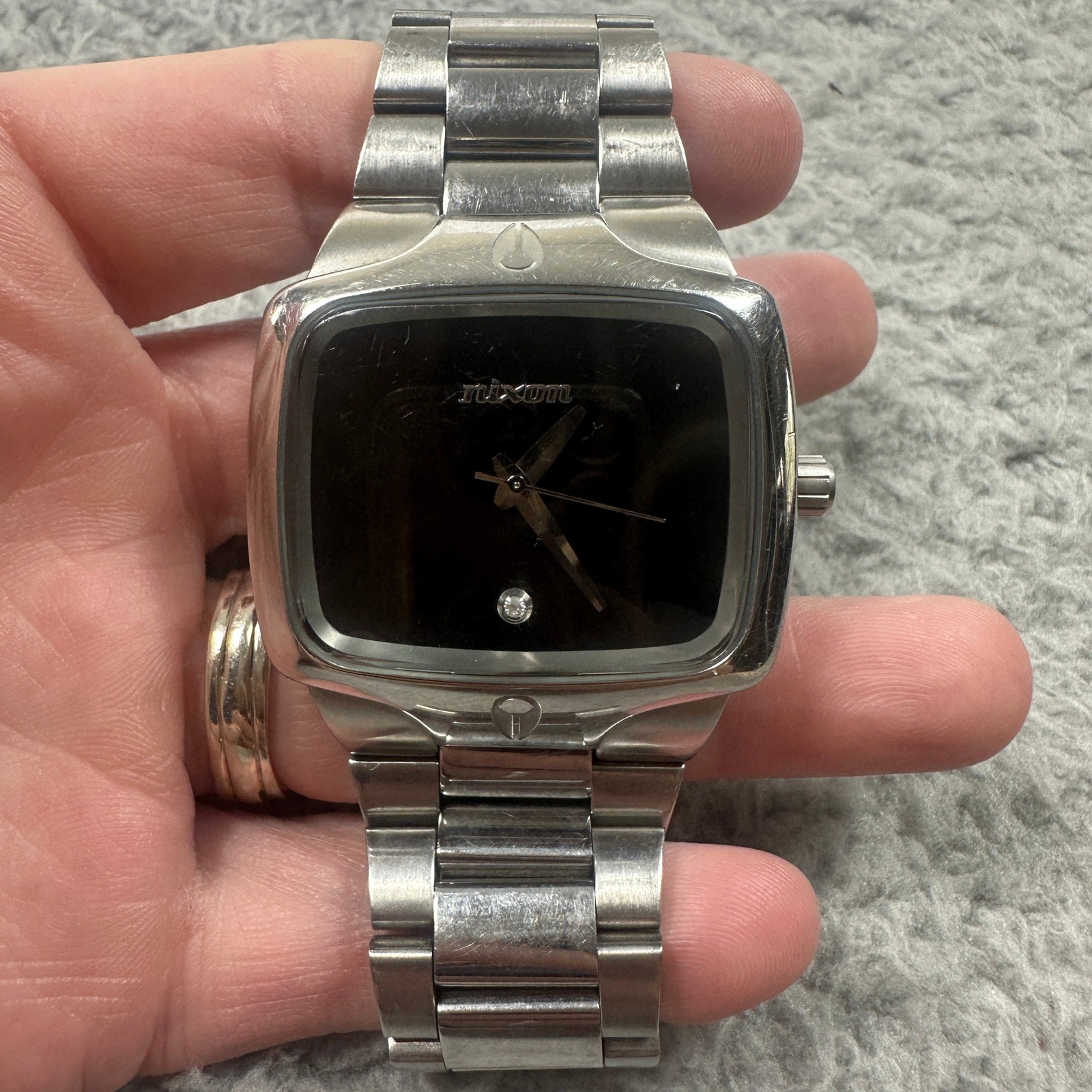 Nixon The Player Watch Mens Silver Stainless Steel Black Dial Diamond Accent