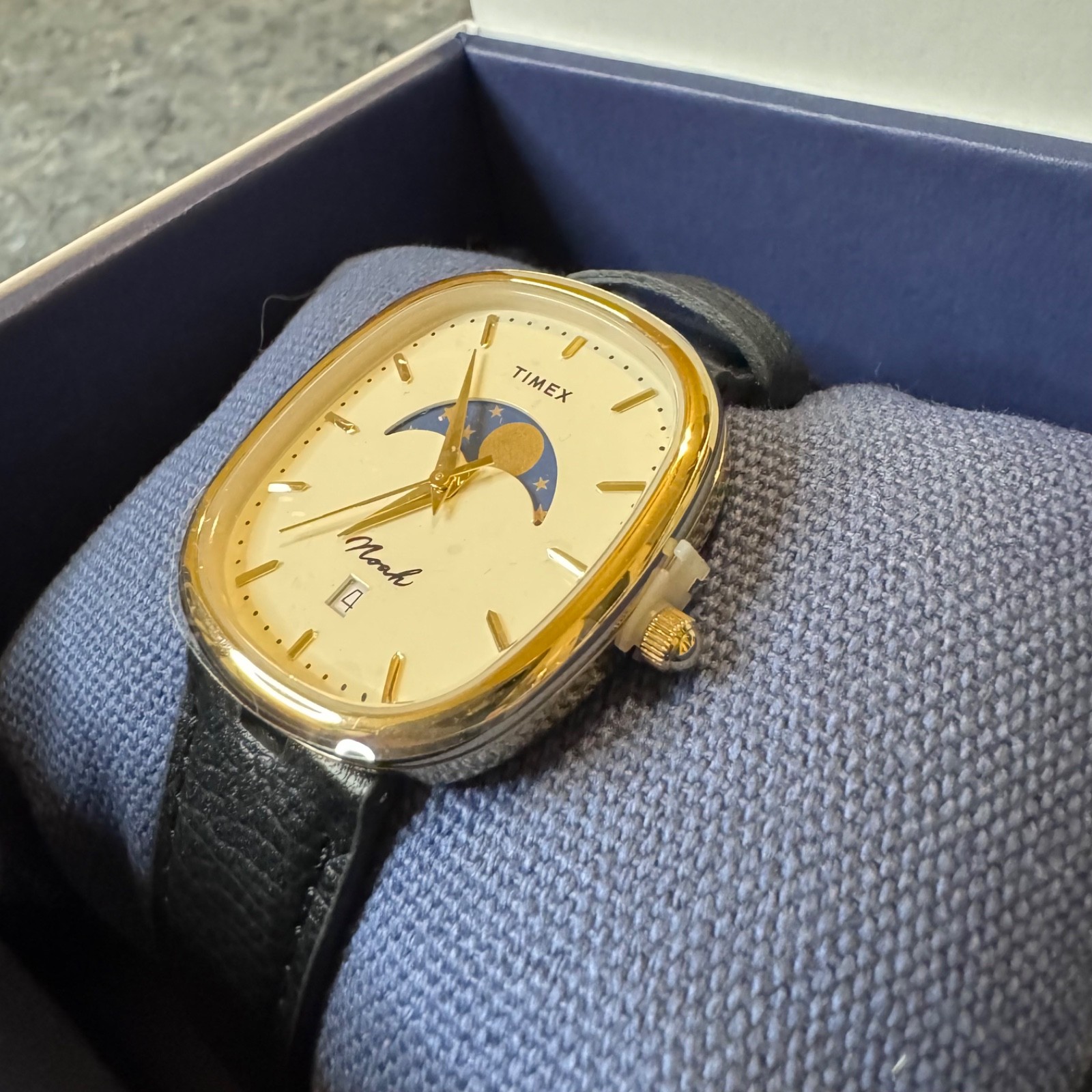 Noah x Timex Oval Moonphase Black / Gold Watch | Black Leather Strap