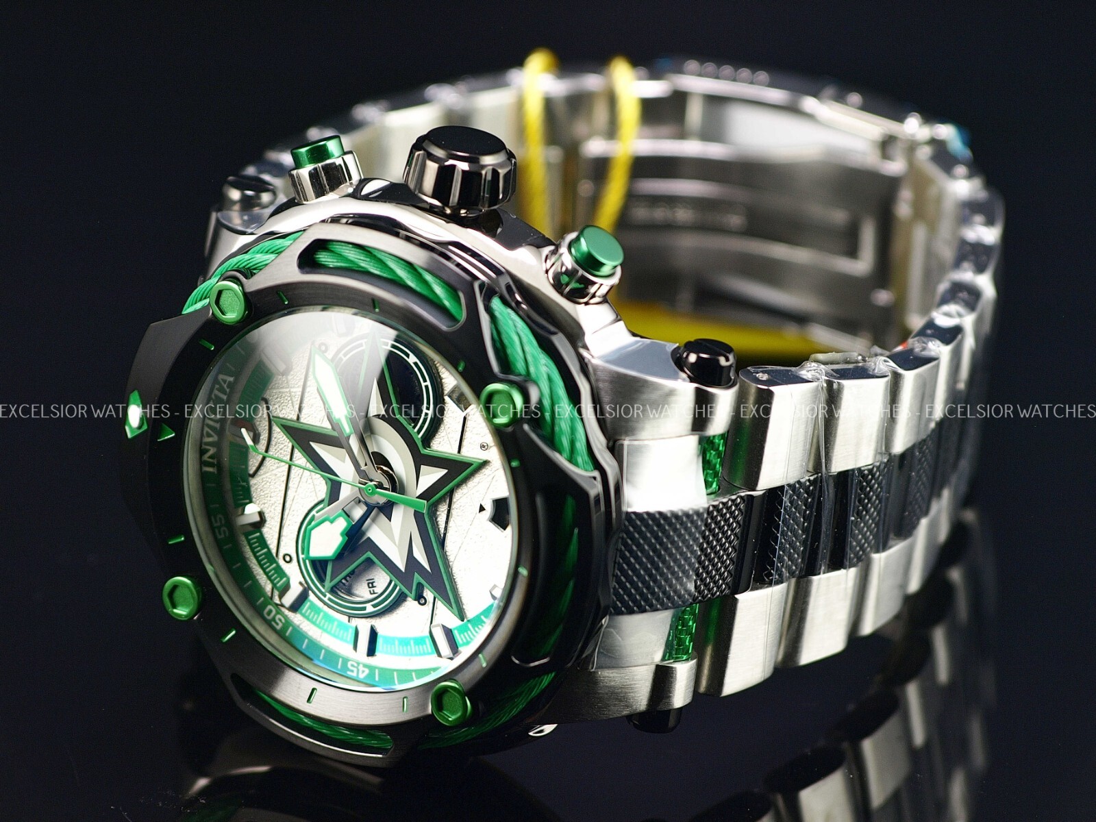 NWD Invicta 60mm Mens NHL DALLAS STARS BOLT Swiss Quartz Chronograph TT SS Watch