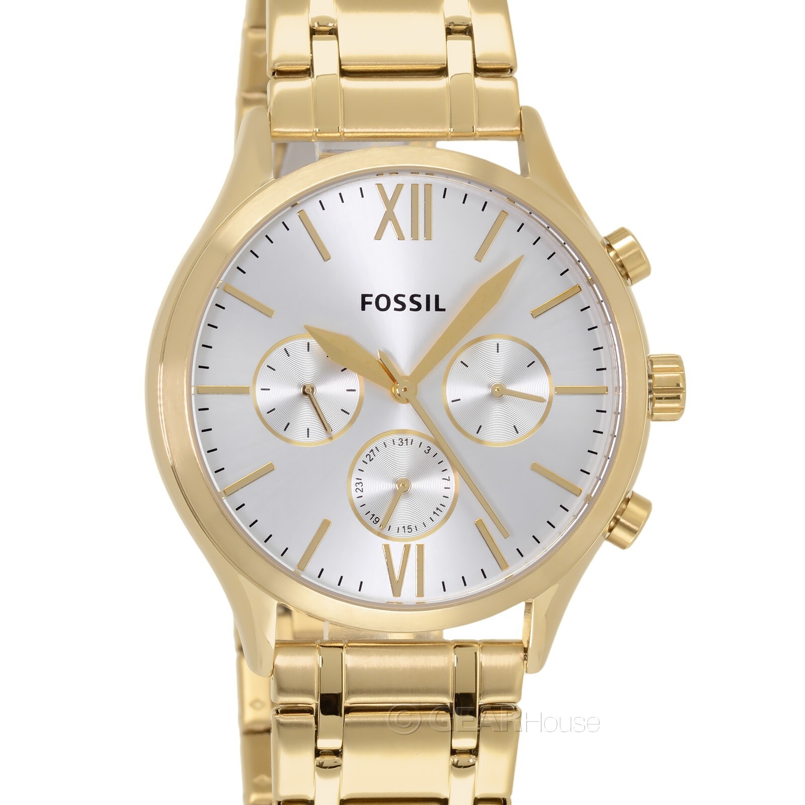 FOSSIL Fenmore Mens Gold Multifunction Watch, Silver Dial, Stainless Steel Band