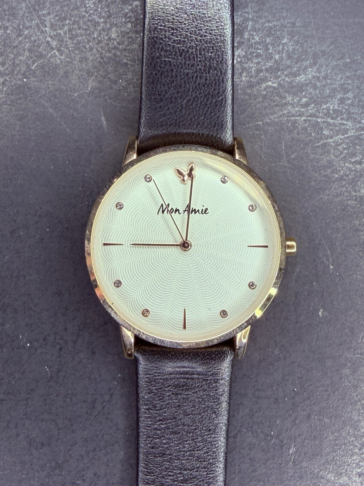 Mon Amie Womens 36mm Rose Gold Case NEW BATTERY White Dial Brown Lthr Strap 851