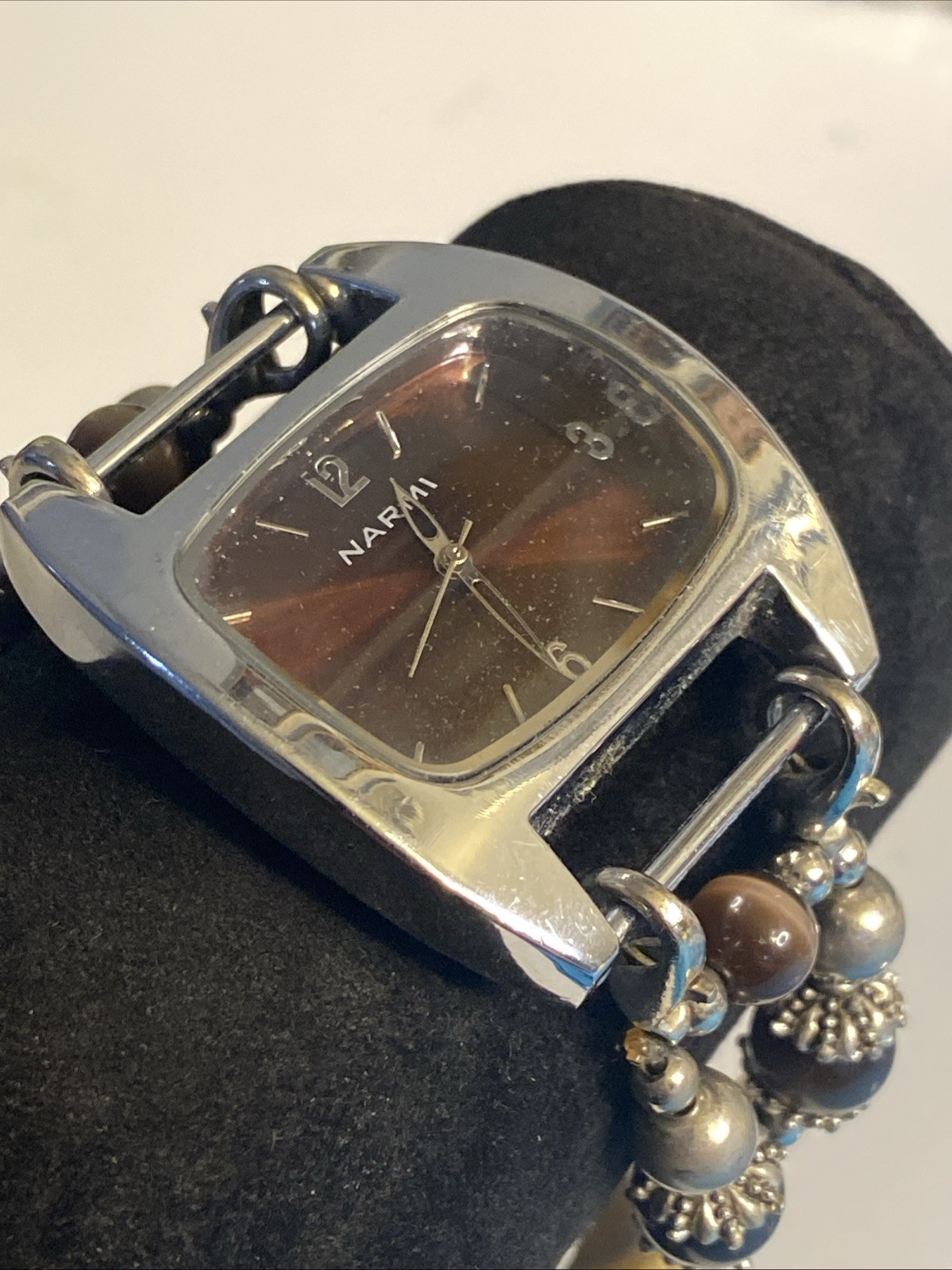 Narmi Watch With Stretch & Beaded Band 40mm Wide #1086 New Battery