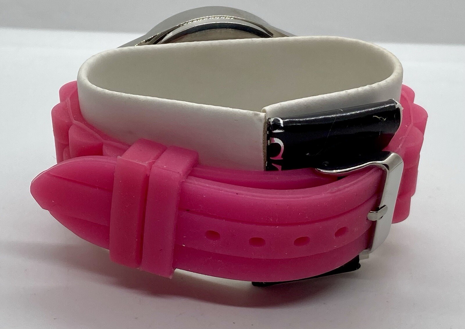 NEW ACCUTIME Ladies Watch Fresh Battery Iced Silver Dial Faux Chrono Pink Band