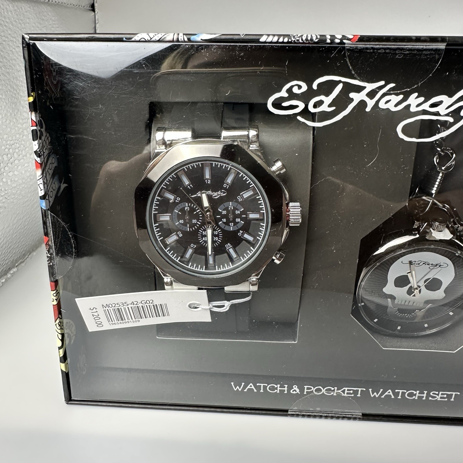 Rare New Ed Hardy Logos Men’s 2 Pc Skull 💀 Skeleton Pocket Watch Set $120 MSRP