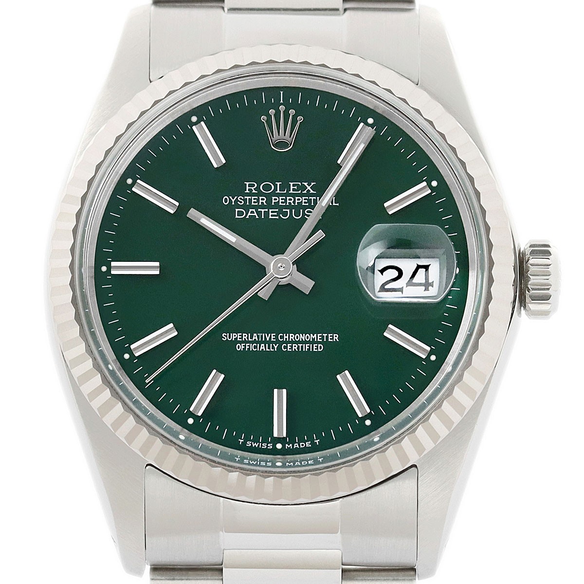 Rolex Datejust 18K White Gold & SS Green Dial Oyster Band Watch 16014