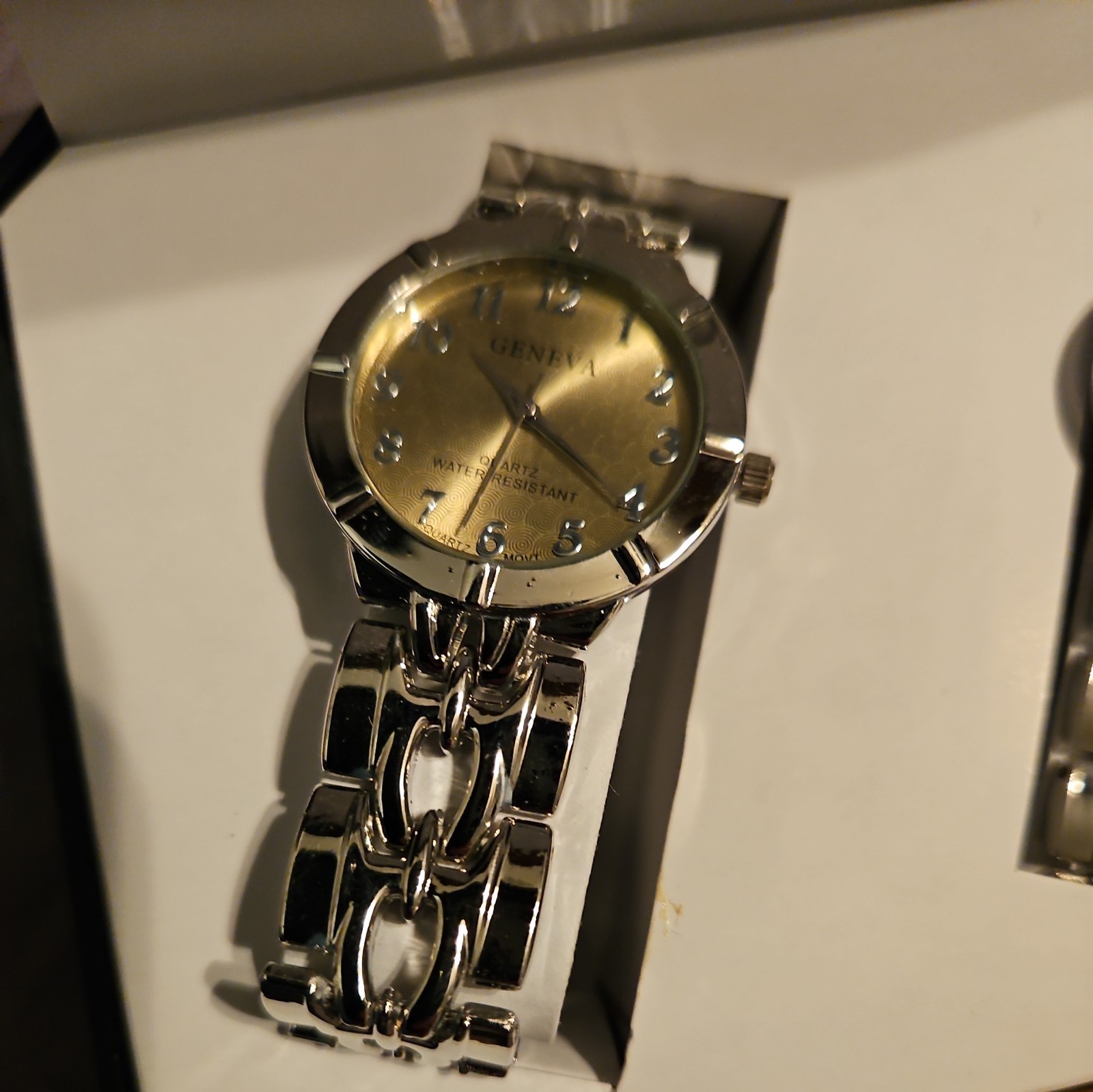 GENEVA POLISHED SILVER TONE S/STEEL BAND+GOLD DIAL 2,TWO PIECE HIS+HER WATCH SET