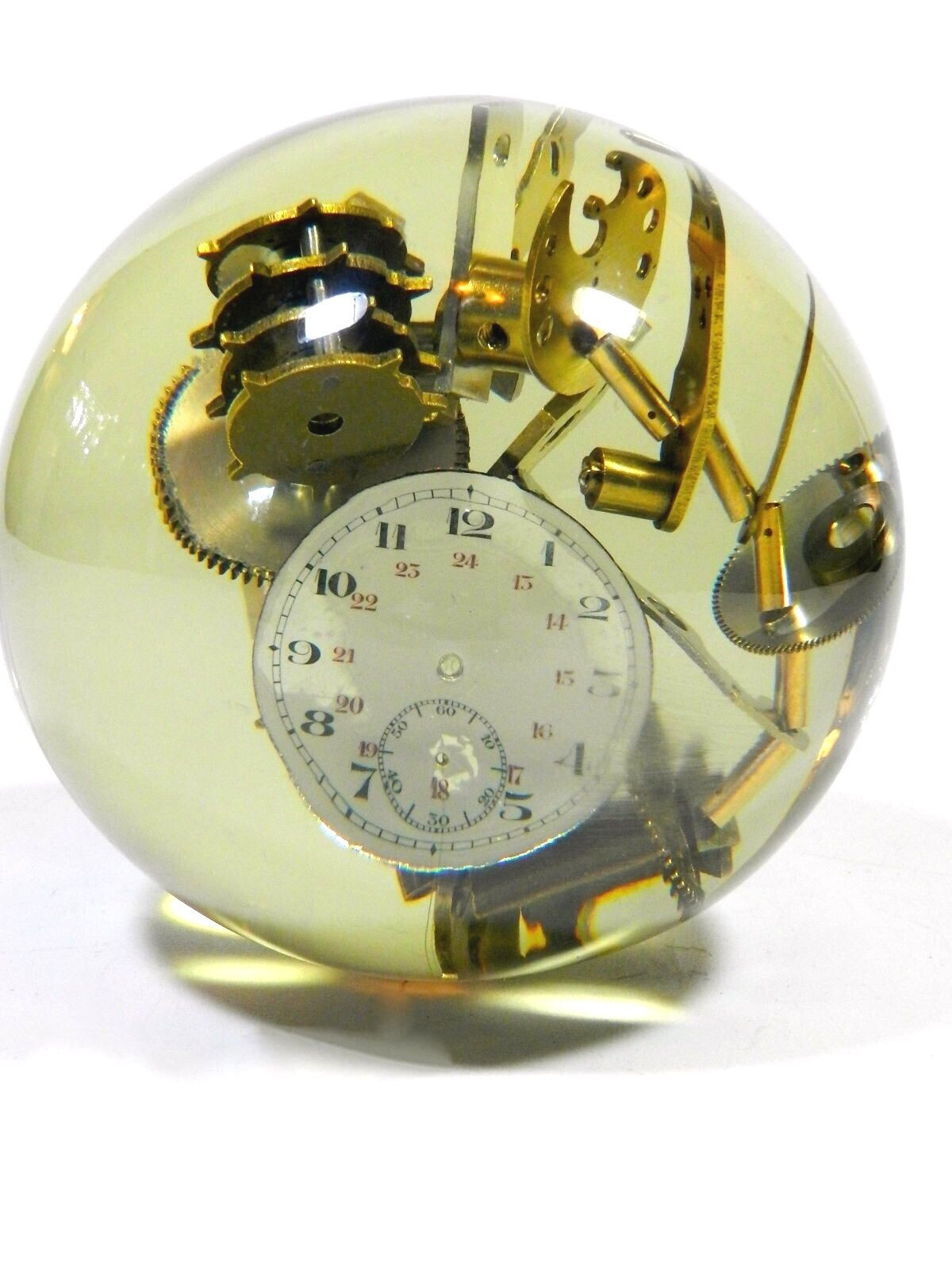Vintage Lucite Embedded Brass Watch Parts Ball Sculpture Resin Acrylic Sphere
