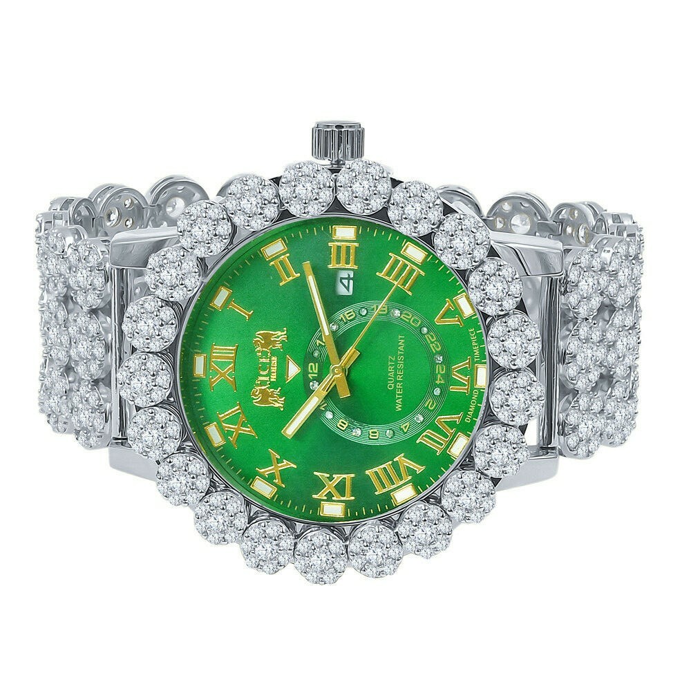 Green Emerald White Gold Tone Finish Real Diamond Flower Custom Band Bezel Watch