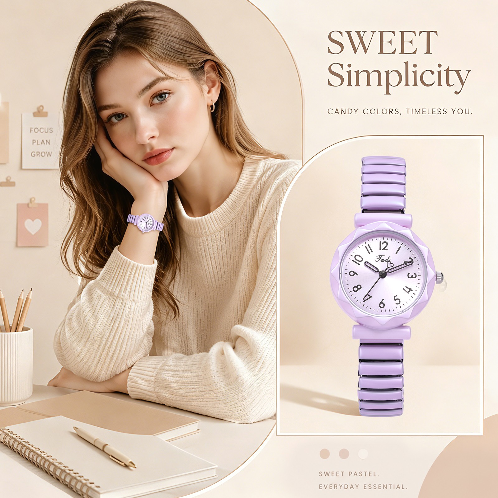 Unisex Youth Easy-Read Sunburst Stretch Elastic Stainless Steel Band Wrist Watch