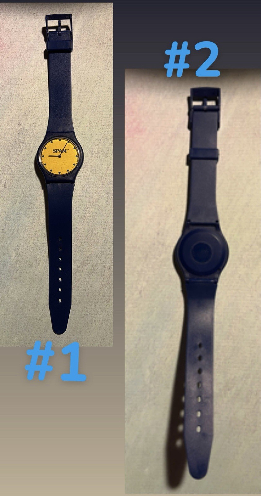 VINTAGE SPAM blue & yellow unisex advertising watch.