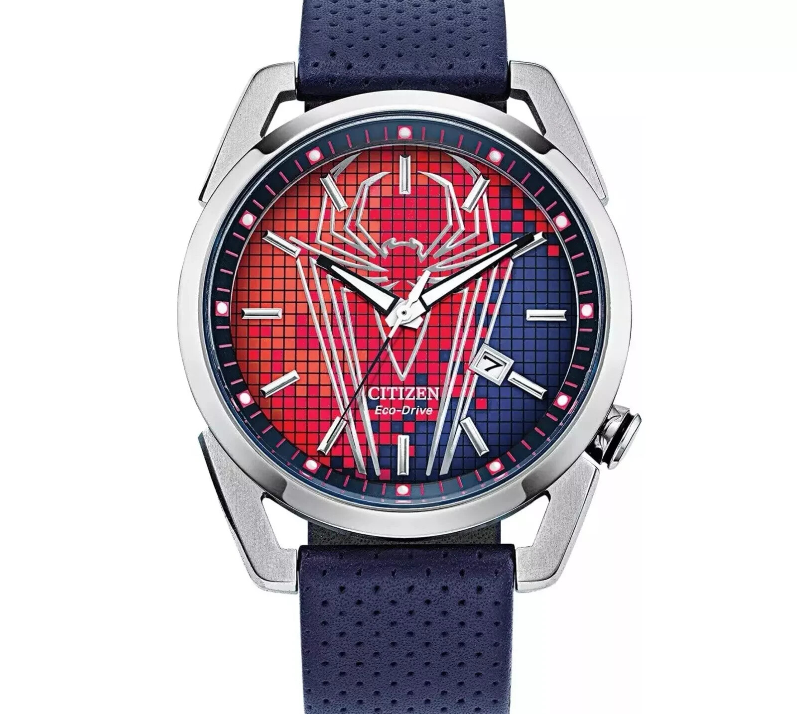 Citizen Men’s SPIDER-MAN 1680-03W EcoDrive 42mm Red Blue Dial Leather Watch NEW