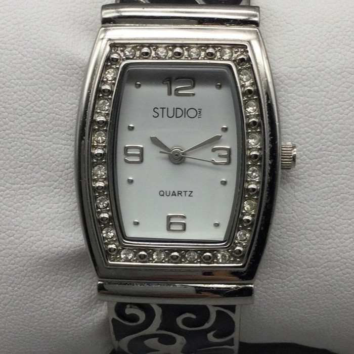 Studio Time Watch Womens 26mm Silver Tone Black Crystals Hinged Cuff New Battery