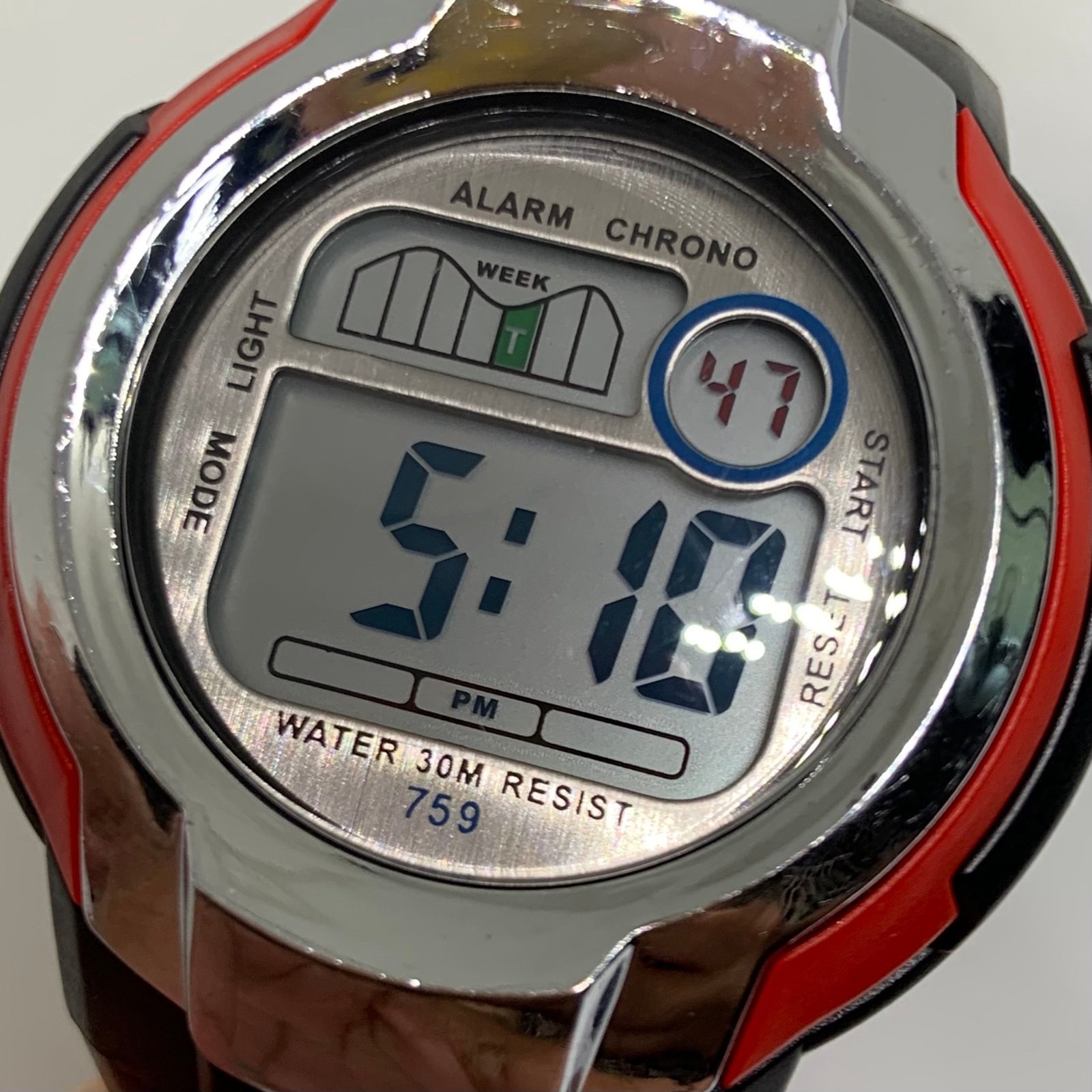 Men’s Digital watch multifunction black tone 43mm quartz silver red running