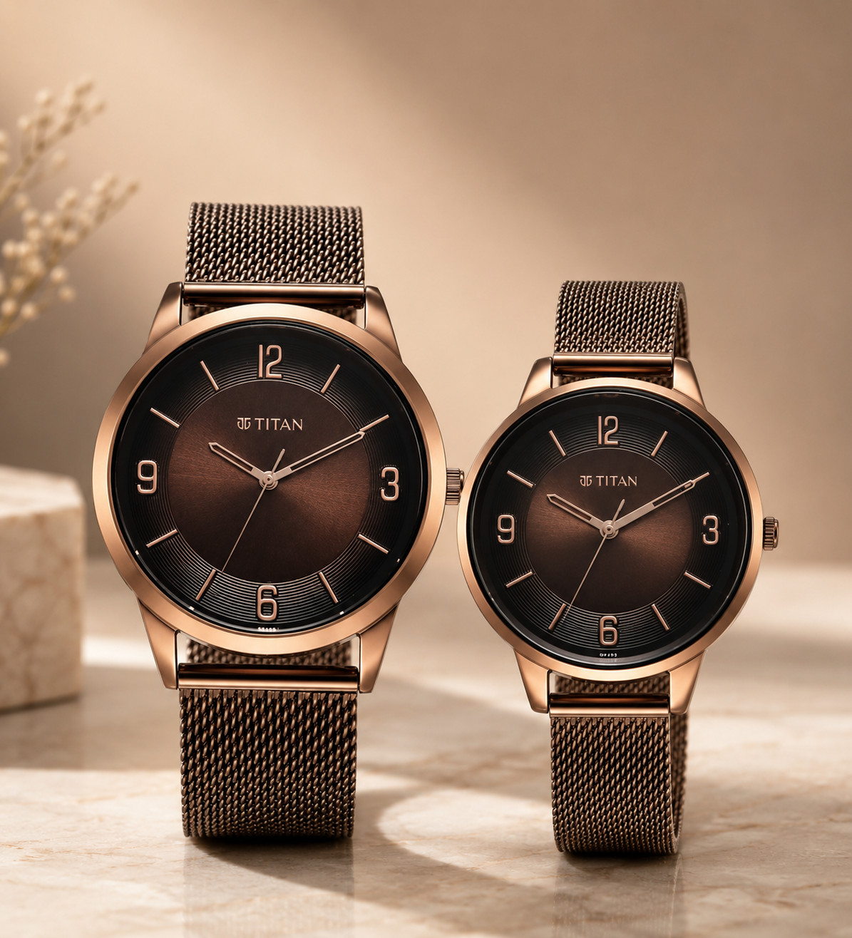 Titan Pairs Bandhan His Hers Watch Box Set Brown Dial Metal Bracelet Gift