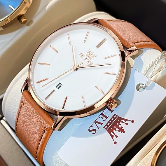 Olevs Quartz Mens Luxury Watch Ultra Thin 6.5mm Waterproof With Leather band