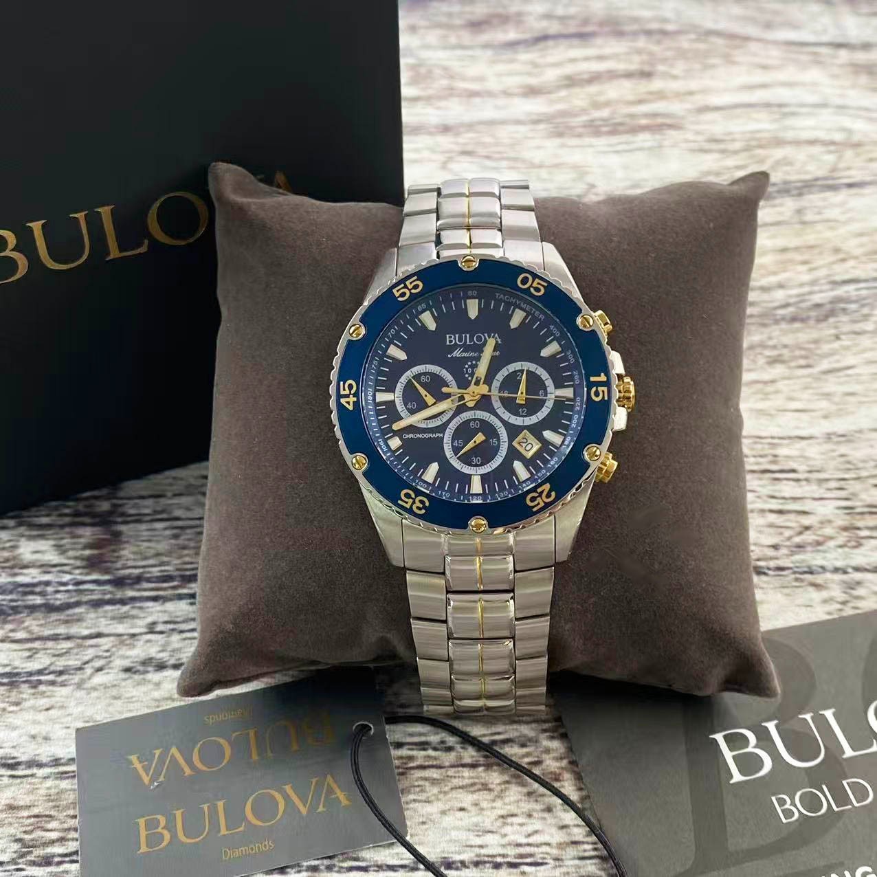 New Bulova Marine Star Men’s Quartz Watch 98B400 Blue Dial Stainless Steel