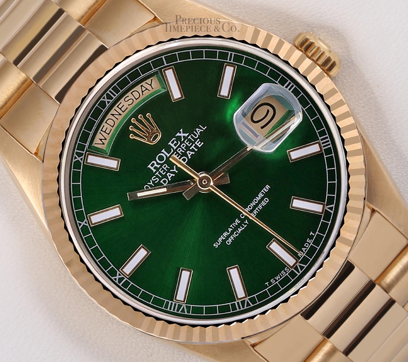 Rolex Day-Date 18038 Presidential 18k Gold 36mm Watch-Green Stick Marker Dial