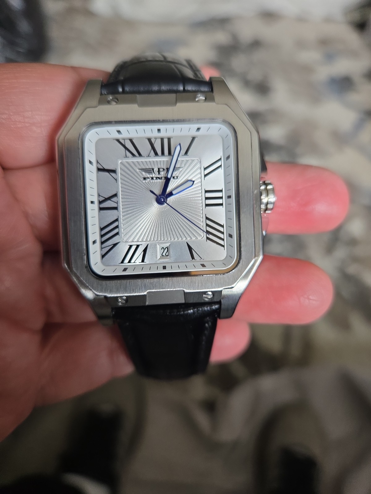 Pindu Automatic Mens Watch 40mm Silver Square Dial Date Steel Bracelet NWB