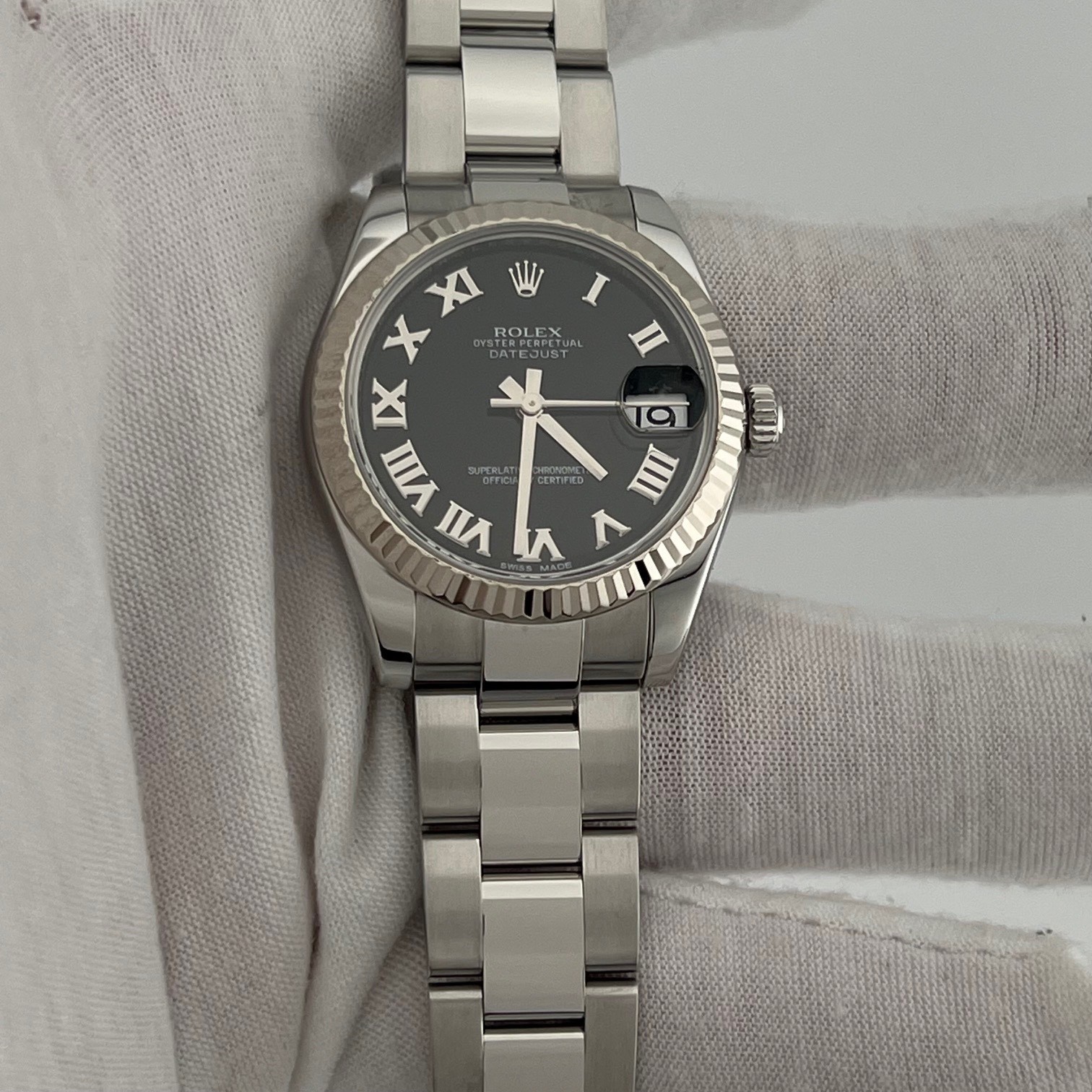Rolex Datejust Midsize 178274 31mm Black Roman Dial 18k Gold Bezel Steel