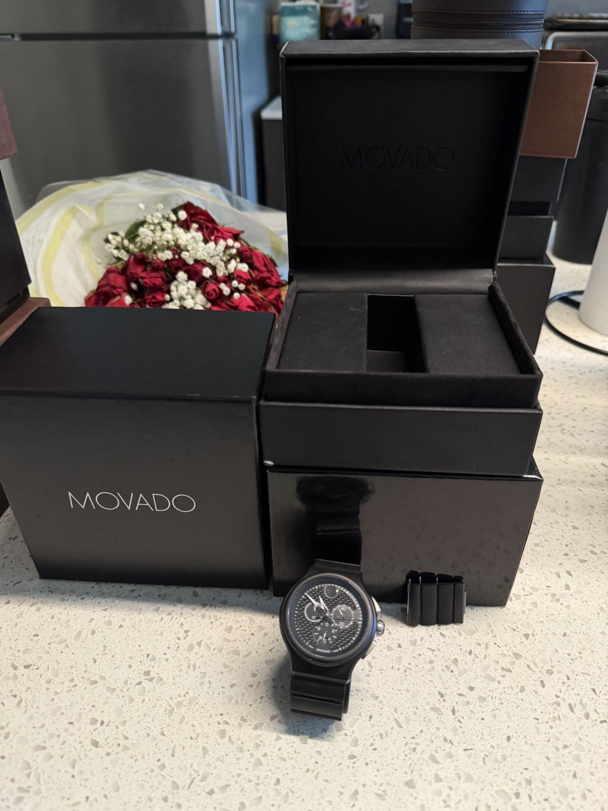 RARE Movado Parlee Black Carbon fiber and titanium with box and links