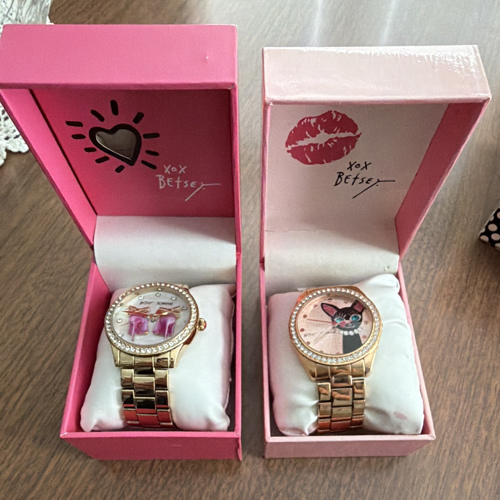 2 Betsey Johnson Women’s Quartz Analog Gold Watches Gem-Set Bezel w/ Boxes