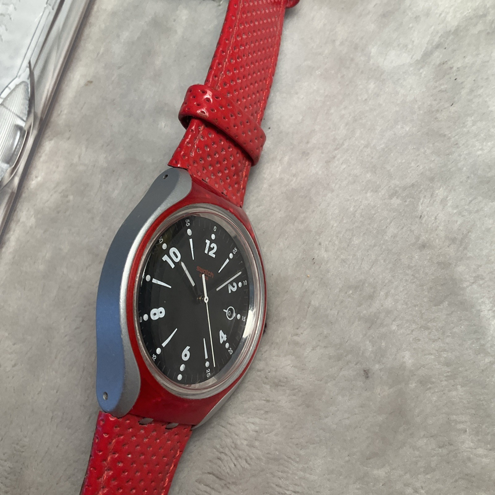 New Swatch Irony GO JUMP X-lite Aluminum Red Leather Men’s Watch YES4001 Works!