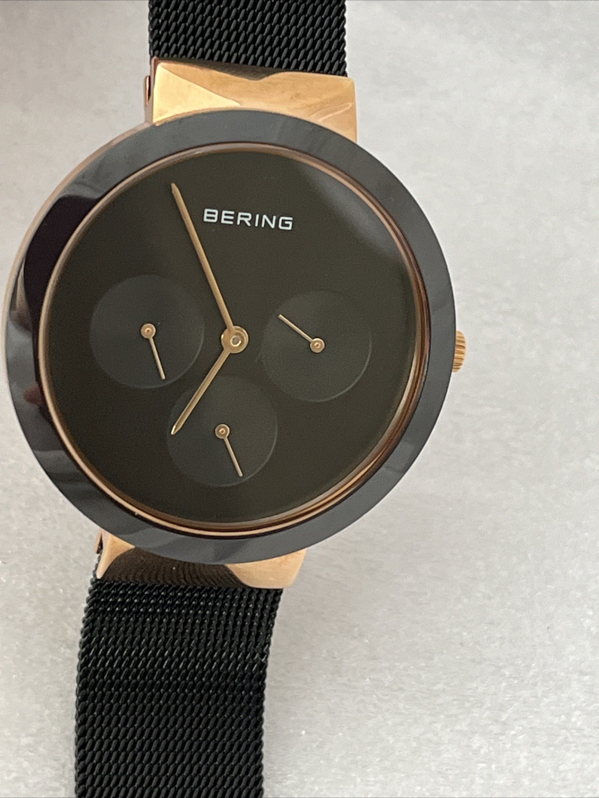 BERING Ceramic Watch 35036-166 36mm Black / Rose Gold Adjustable Mesh Band $199