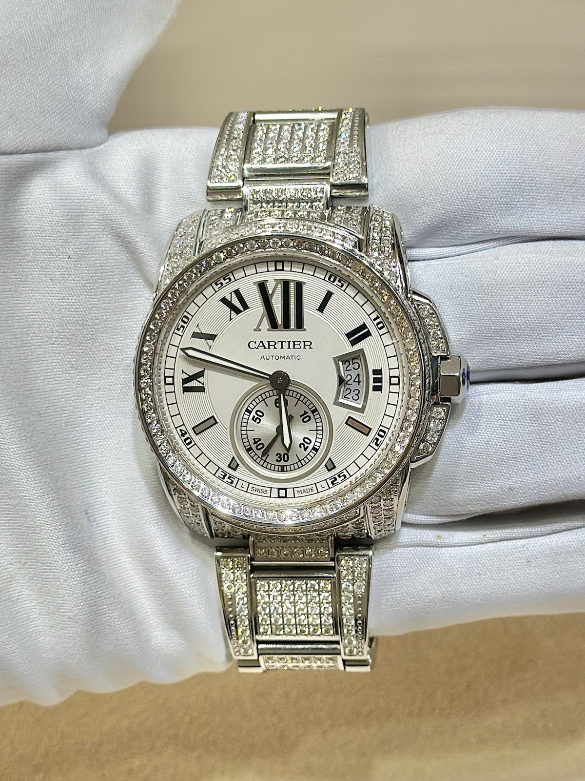 Cartier Calibre 42MM S/S Custom Diamond Automatic Watch – Approx 25.00 CTW