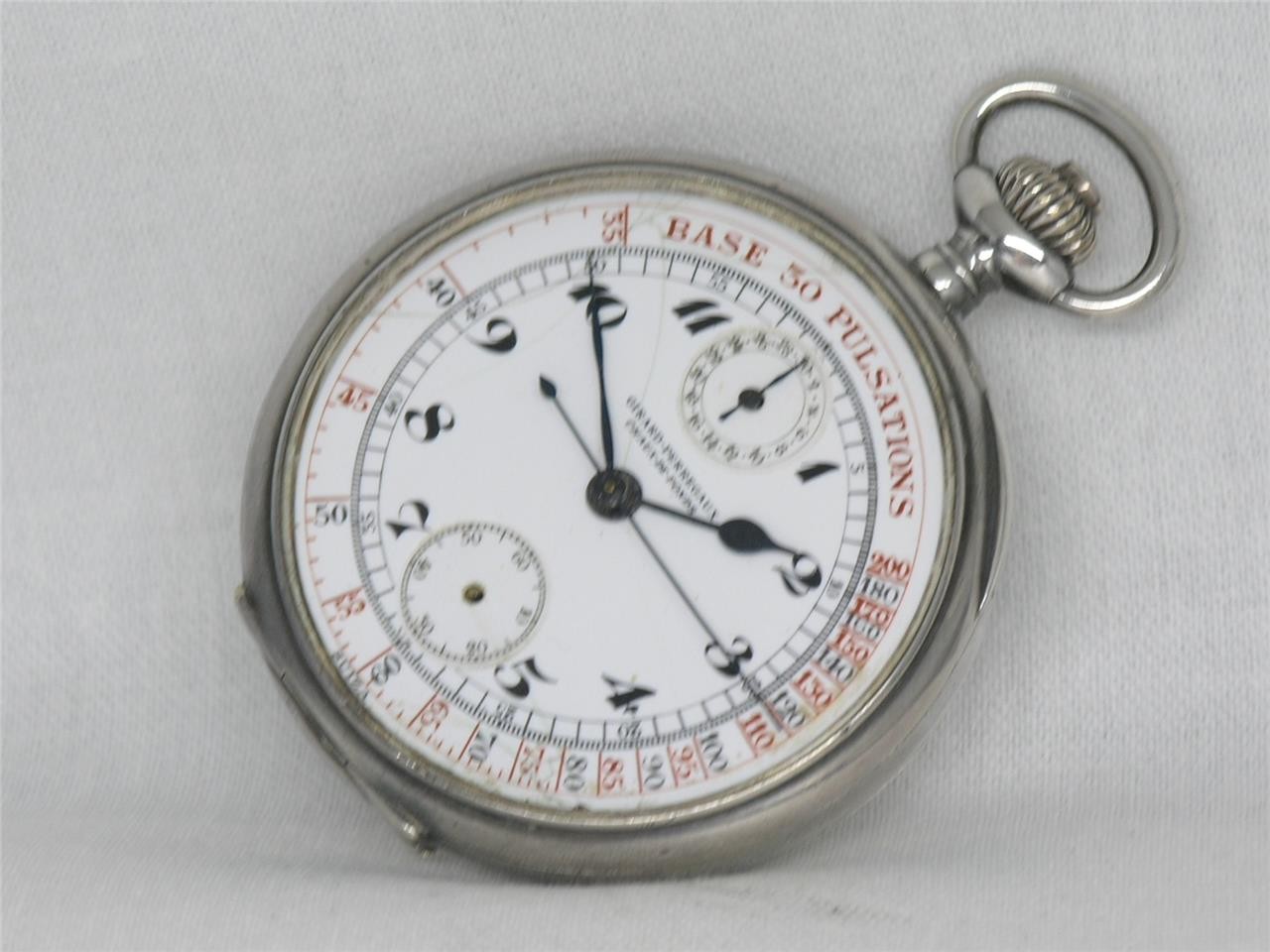 VINTAGE 51MM 17 JEWEL GIRARD-PERREGAUX CHRONOGRAPH SILVER POCKET WATCH, RUNNING!