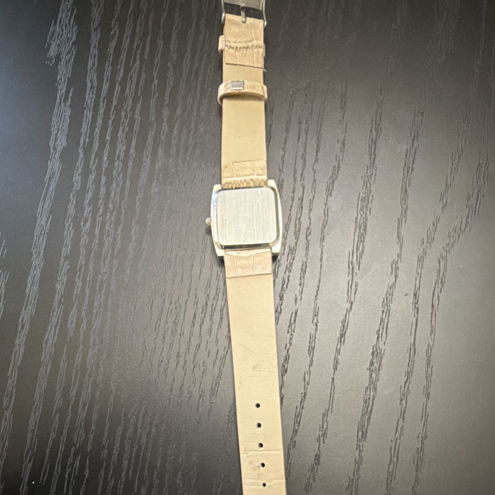 Square Analog Wristwatch Gem-Set Silver Case Beige Dial Leather Strap