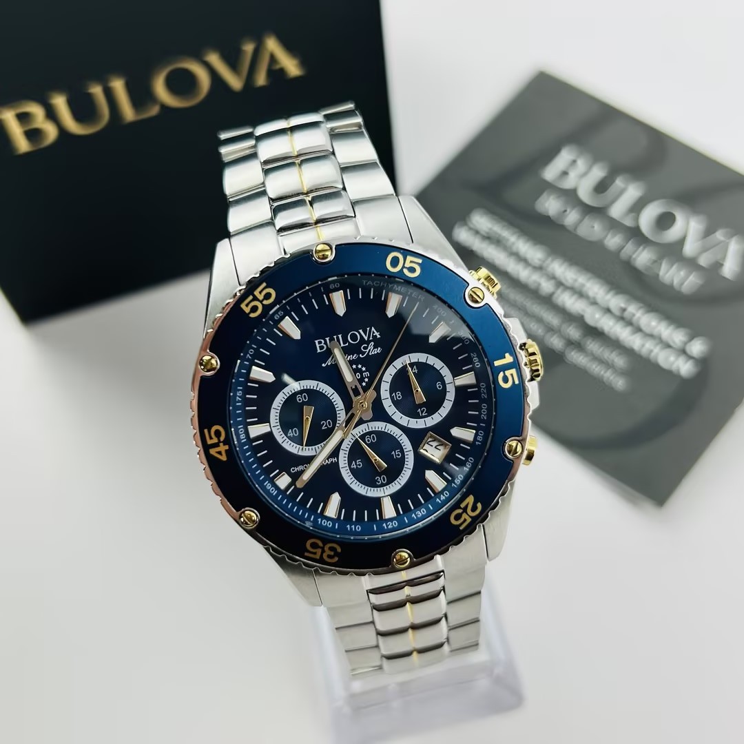 Bulova Men’s Marine Star 98B400 Blue Dial Chronograph Quartz Watch New 41.5 mm
