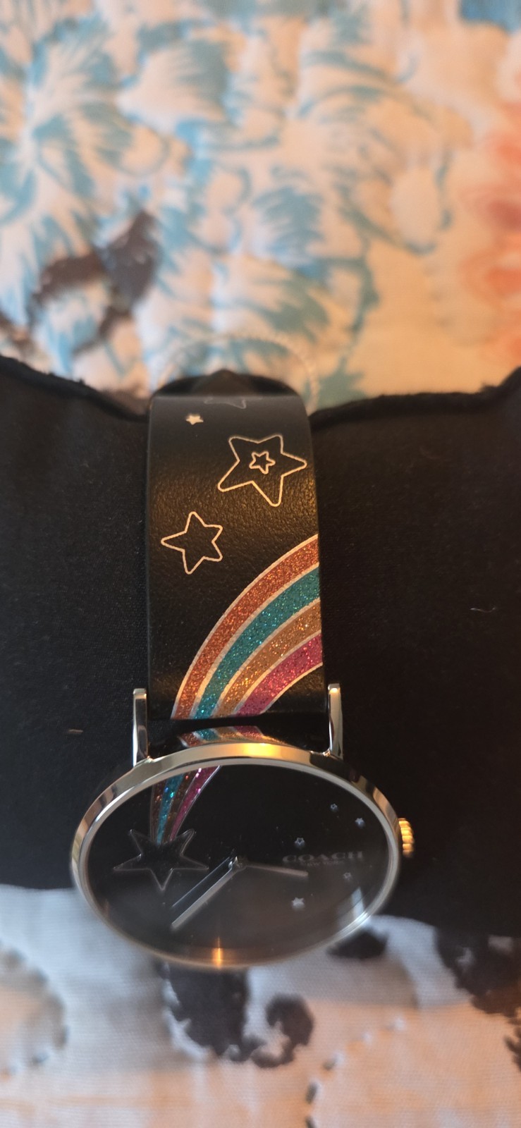 Coach Perry Quartz 36mm Black Star Dial Rainbow Leather Strap Watch 30m