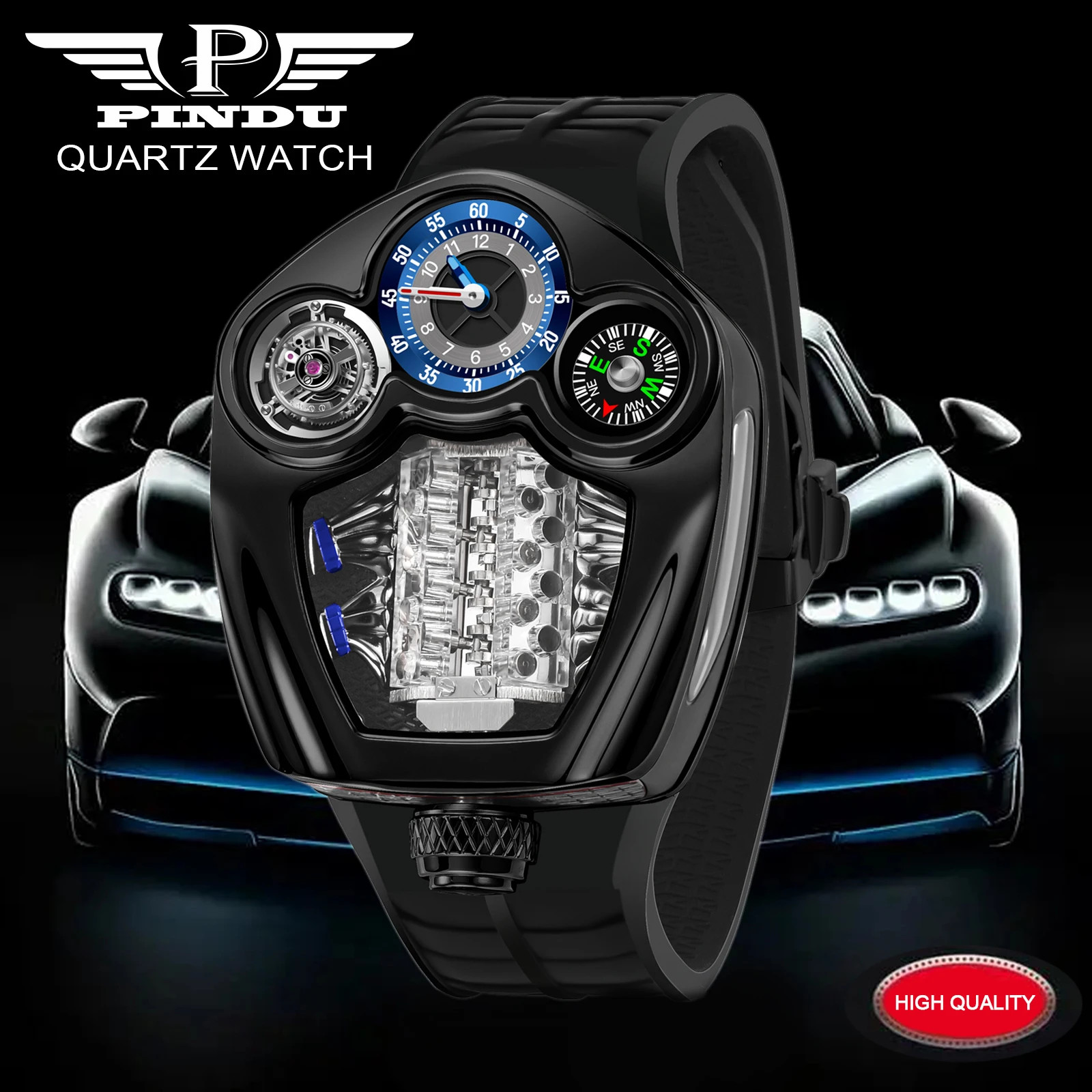 PINDU Engine Series Watch Men Compass Waterproof Swiss Quartz 762 Movement
