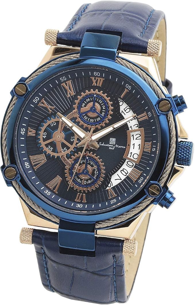 Salvatore Marra SM-181 Mens Chrono Blue Dial Blue Leather Pink Gold 100m JDM