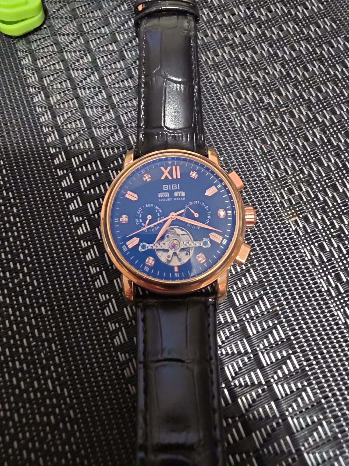 BIBI Men’s Automatic Day/Date Wristwatch Blue Dial Gold Case Black Leather Box