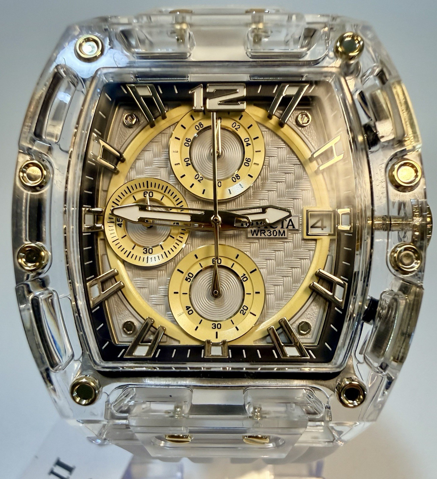 Invicta S1 Rally 42mm Gold Dial Clear Quartz Chronograph White Silicone Watch 70