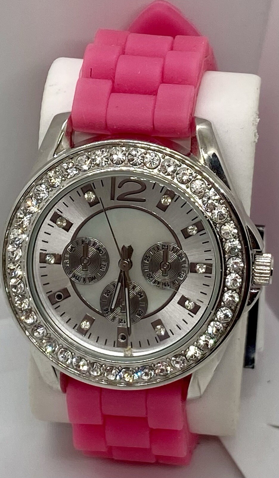 NEW ACCUTIME Ladies Watch Fresh Battery Iced Silver Dial Faux Chrono Pink Band