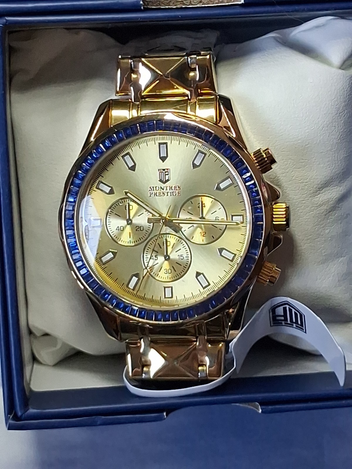 Montres Prestige X Invicta Mens Watch, Gold W/Blue Gem Bezel