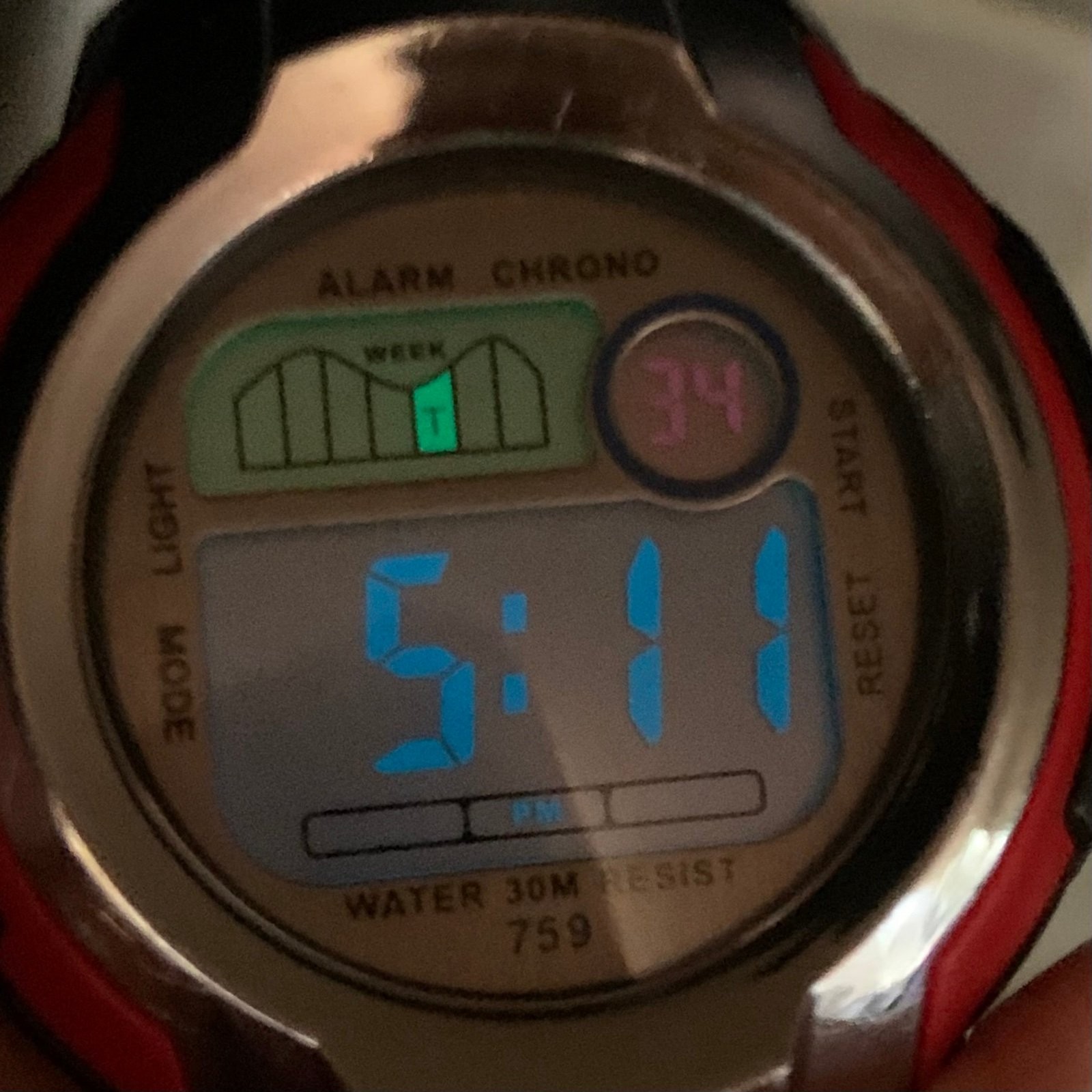 Men’s Digital watch multifunction black tone 43mm quartz silver red running