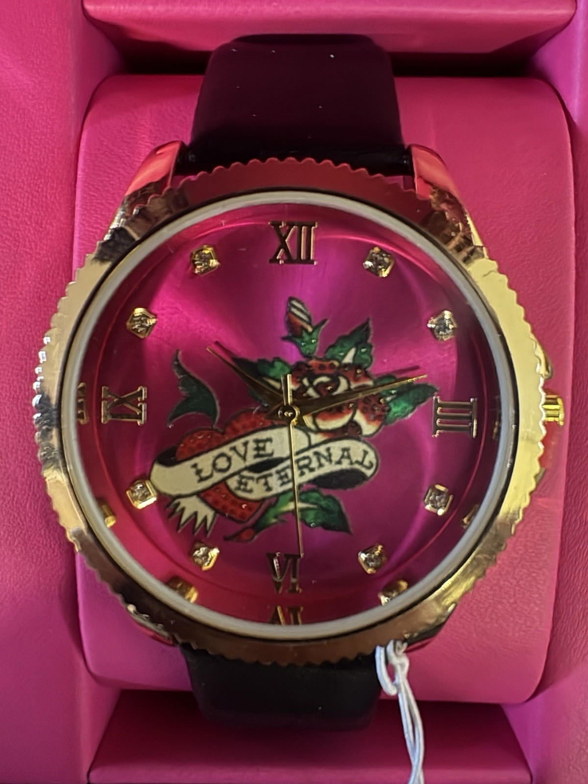 Ed Hardy Love Eternal Women’s Quartz Watch Pink Hearts Dial Black Leather