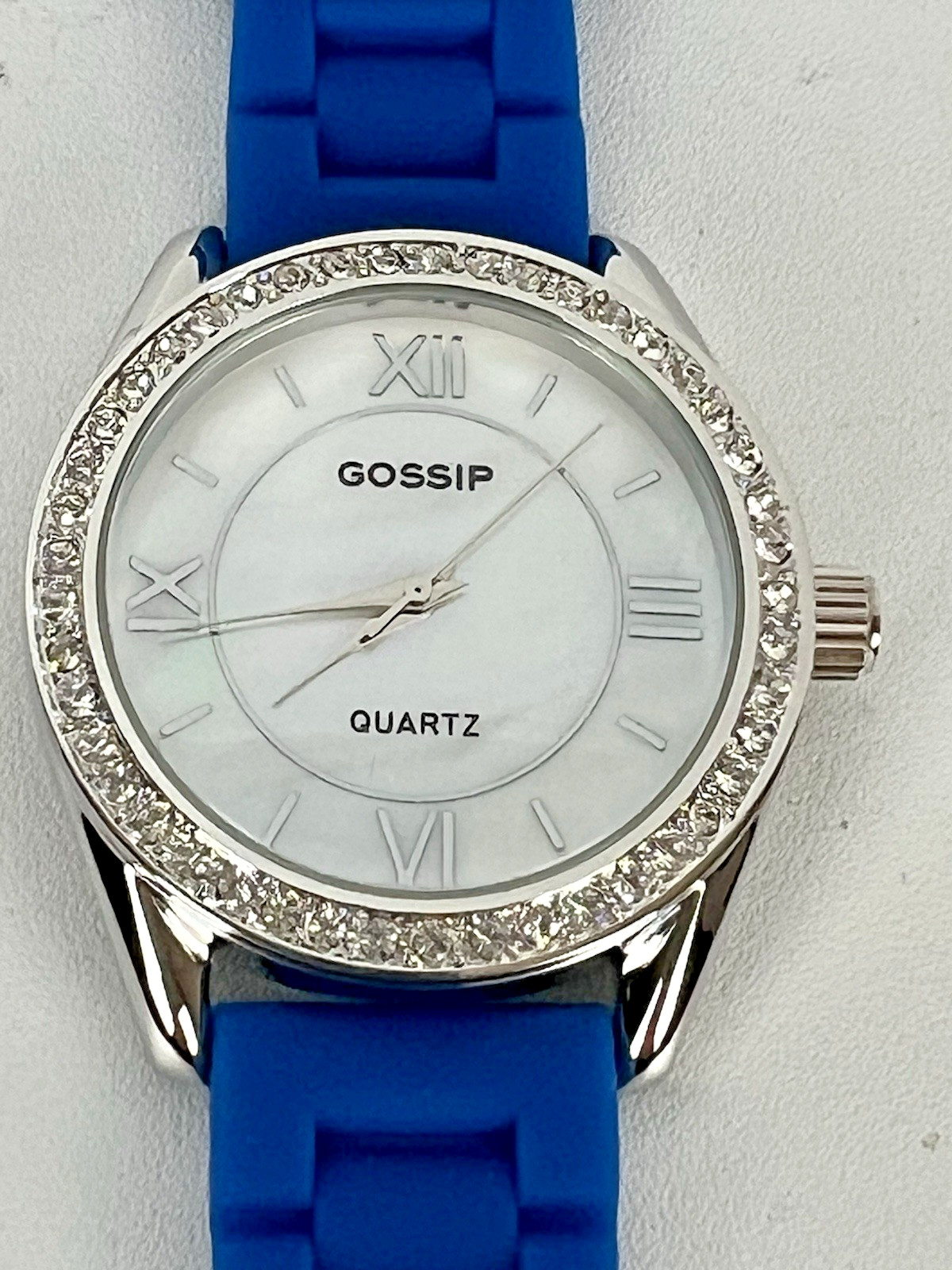 GOSSIP Blue Silicone Band Silver Tone Mother of Pearl Face w/ Crystals Quartz