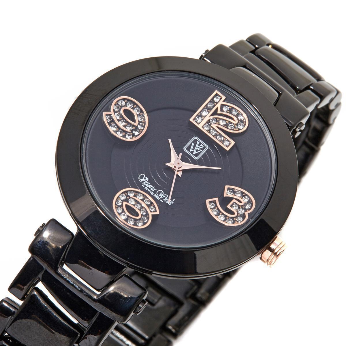 NEW Victoria Wieck Rosetone Pavé Crystal Dial Black Alloy Bracelet Watch