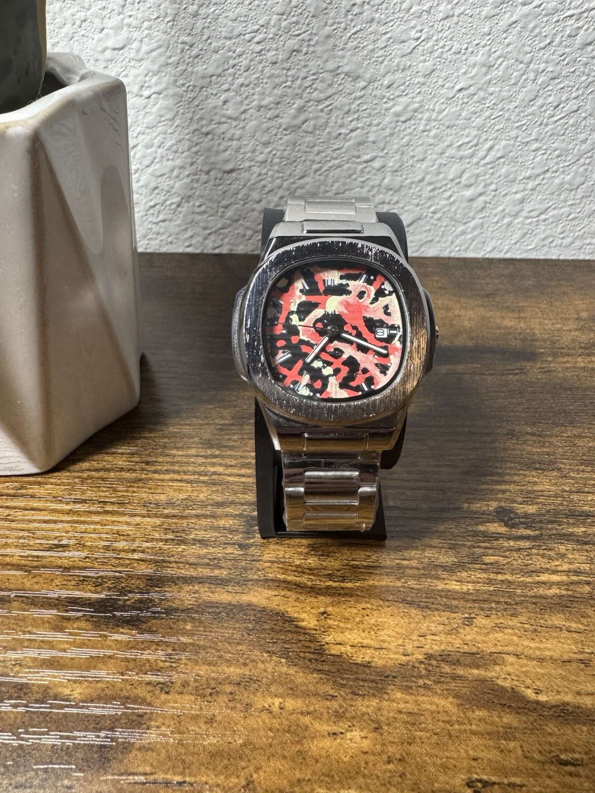 Custom Metal Mod Hand Painted Dial Abstract Red/Glow Yellow Watch