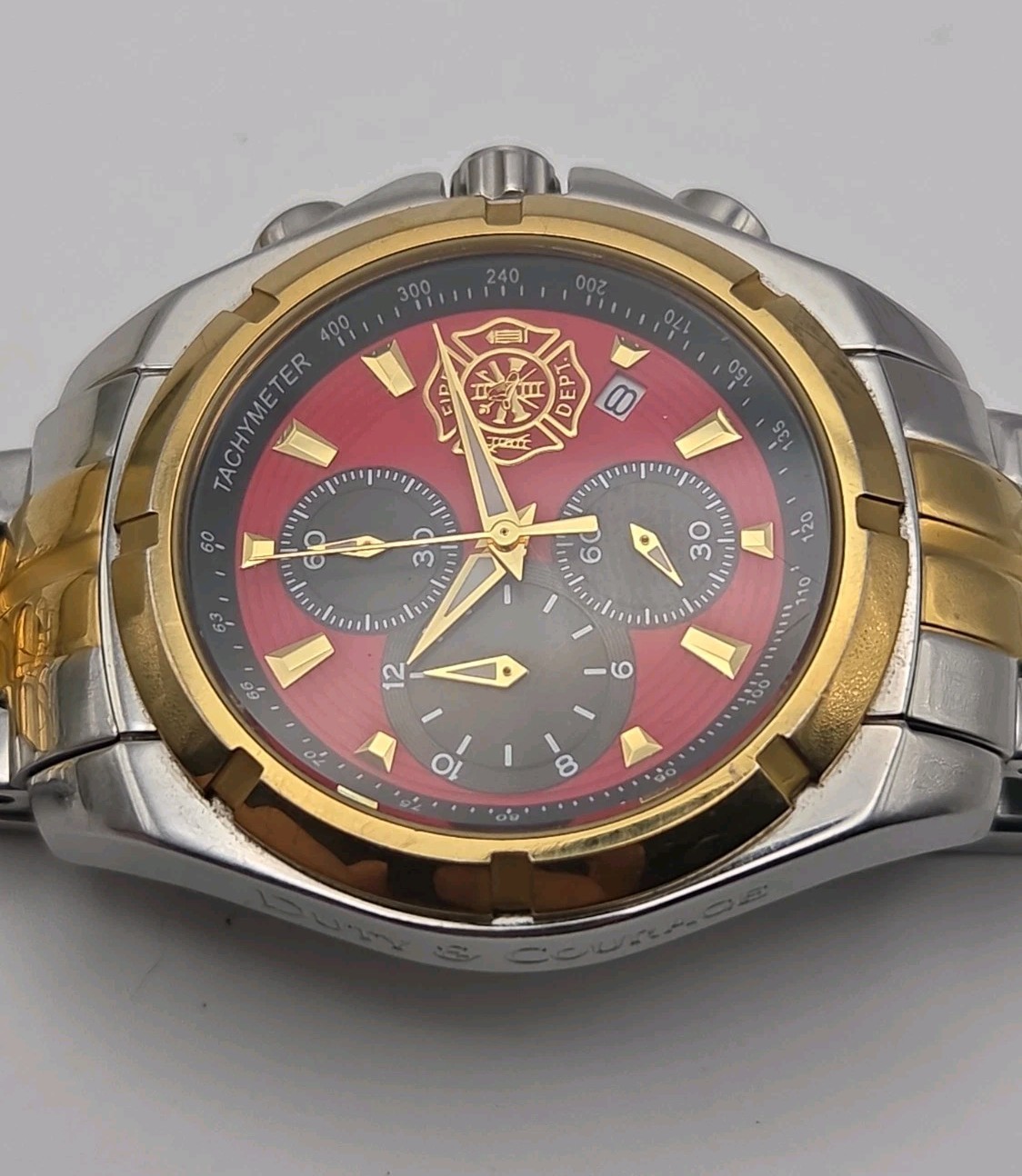 Bradford Exchange My Firefighter 43mm Red Gold Silver Date SS Japan Quartz Watch