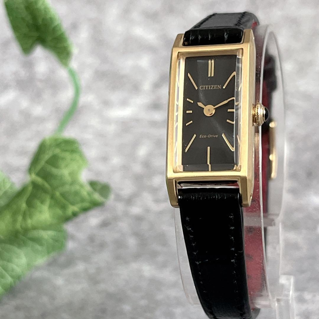 CITIZEN Eco-Drive watch, black dial, gold leather strap. 【USED】